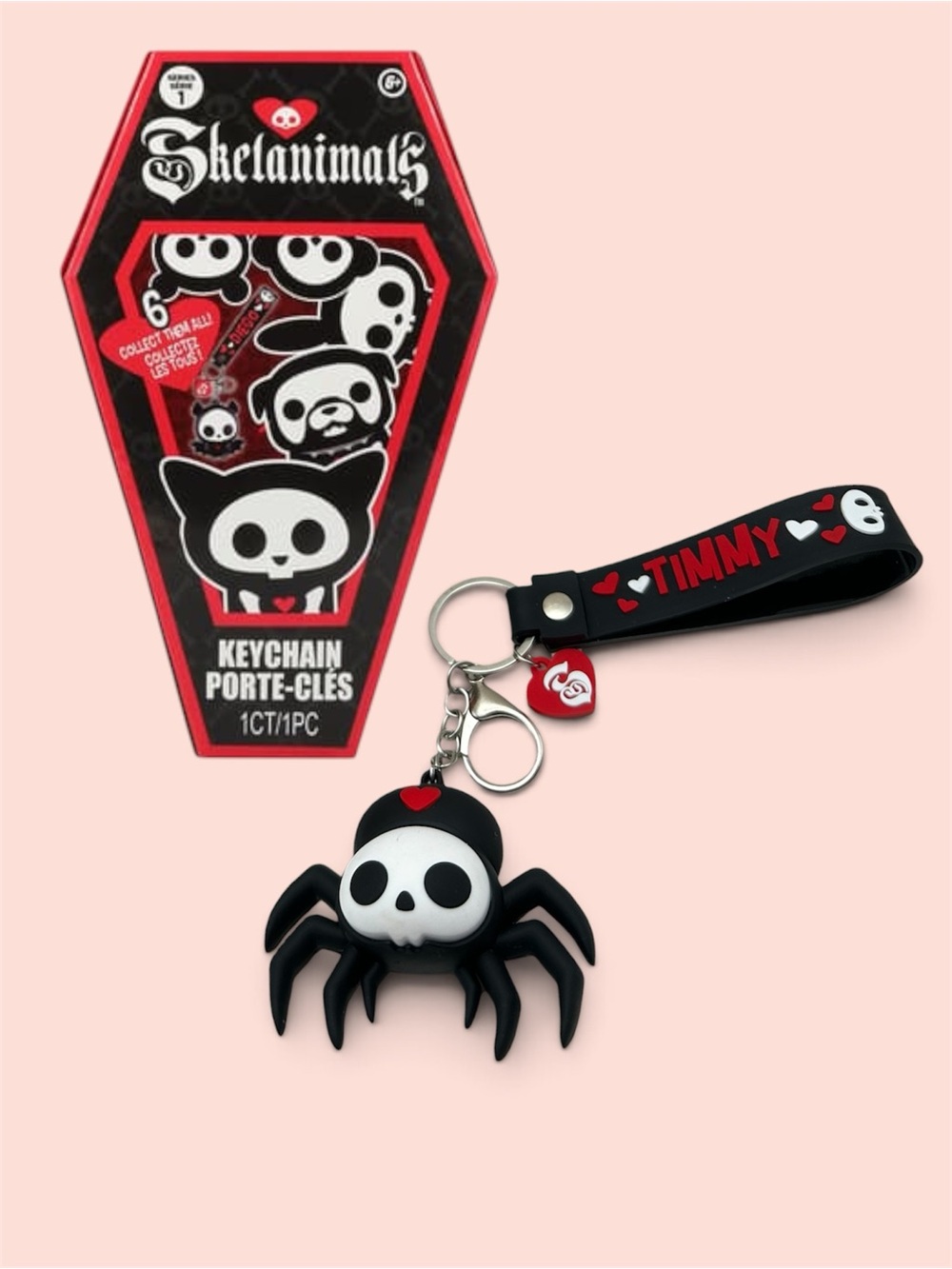 Skelanimals Timmy Black and Red Spider Skull Keychain with Strap